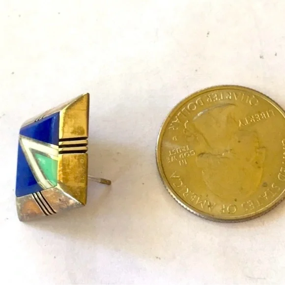 Vintage Gilbert Nelson Native American Lapis Turquoise Navajo Earrings - Picture 7 of 14